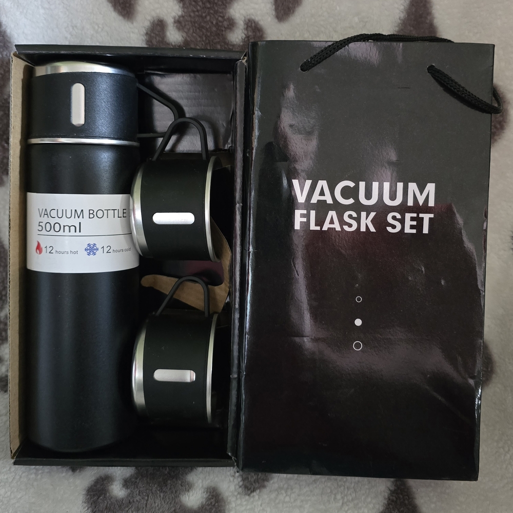 Black Vacuum Flask Set with Cups